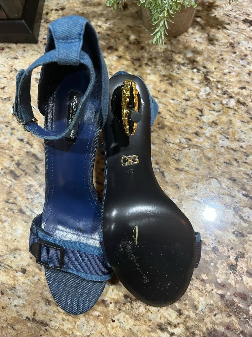Dolce& Gabbana Patchwork Denim Sandals w/ Baroque DG Heels 40